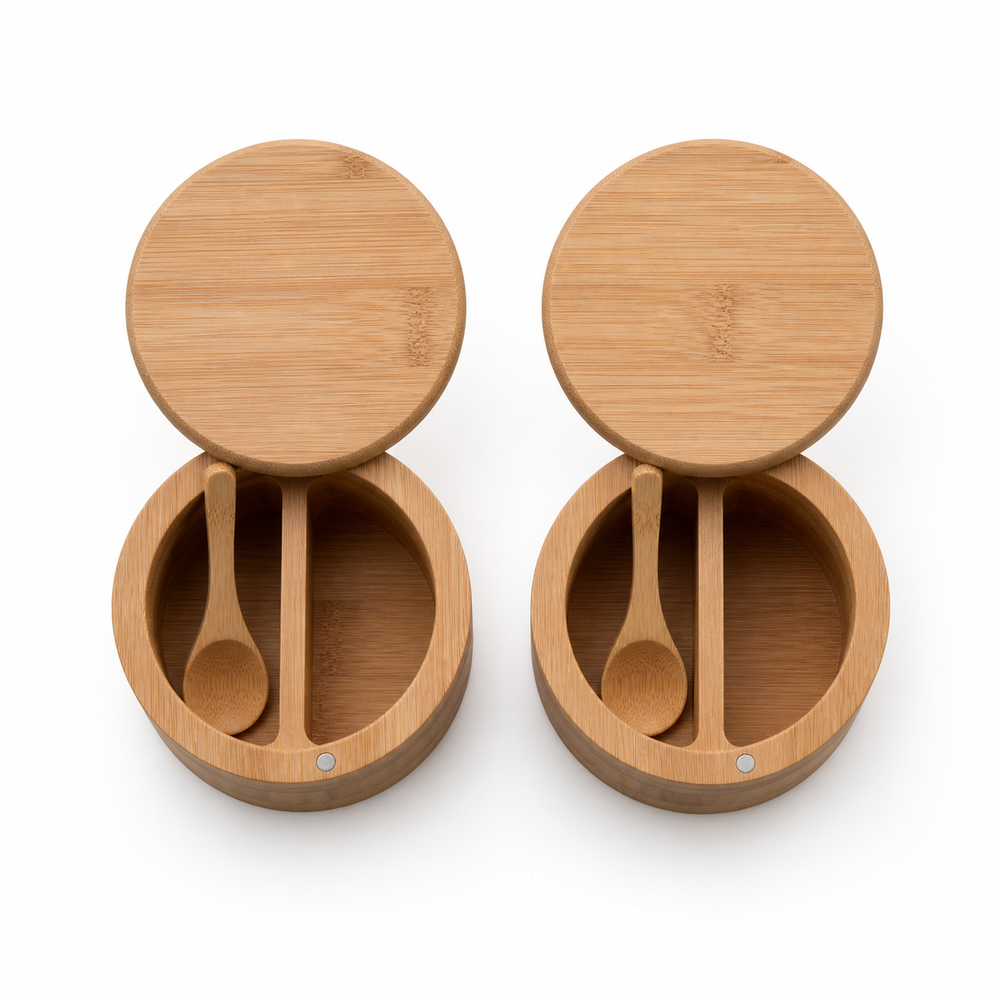 Bamboo Salt & Pepper Cellar with Swivel Lid & Spoon