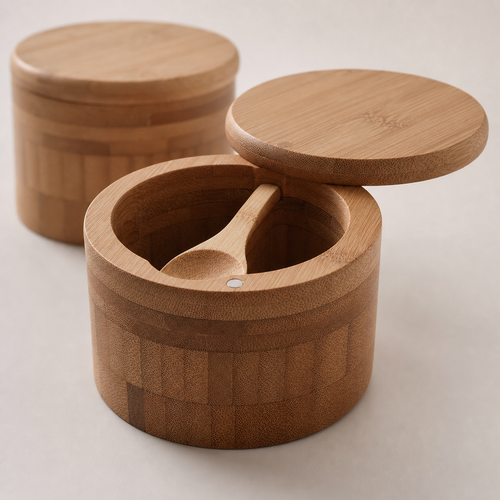 Bamboo Salt & Pepper Cellar with Swivel Lid & Spoon