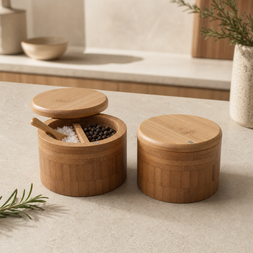 Bamboo Salt & Pepper Cellar with Swivel Lid & Spoon